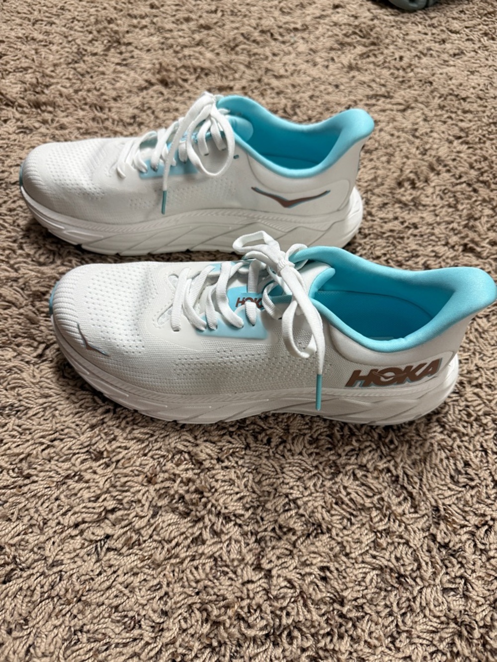 Hoka White Sneakers with Aqua Lining and Bronze Logo